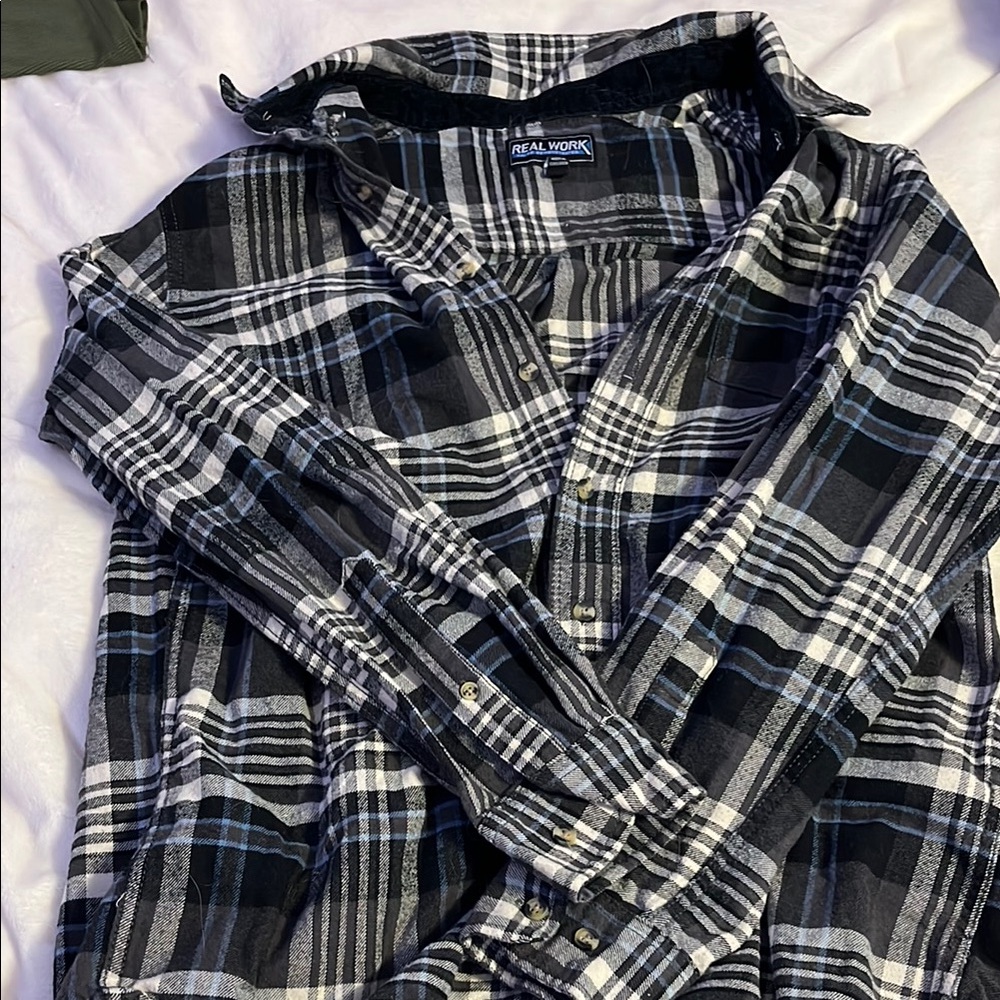 Black and White Button Down Shirt with Plaid Pattern